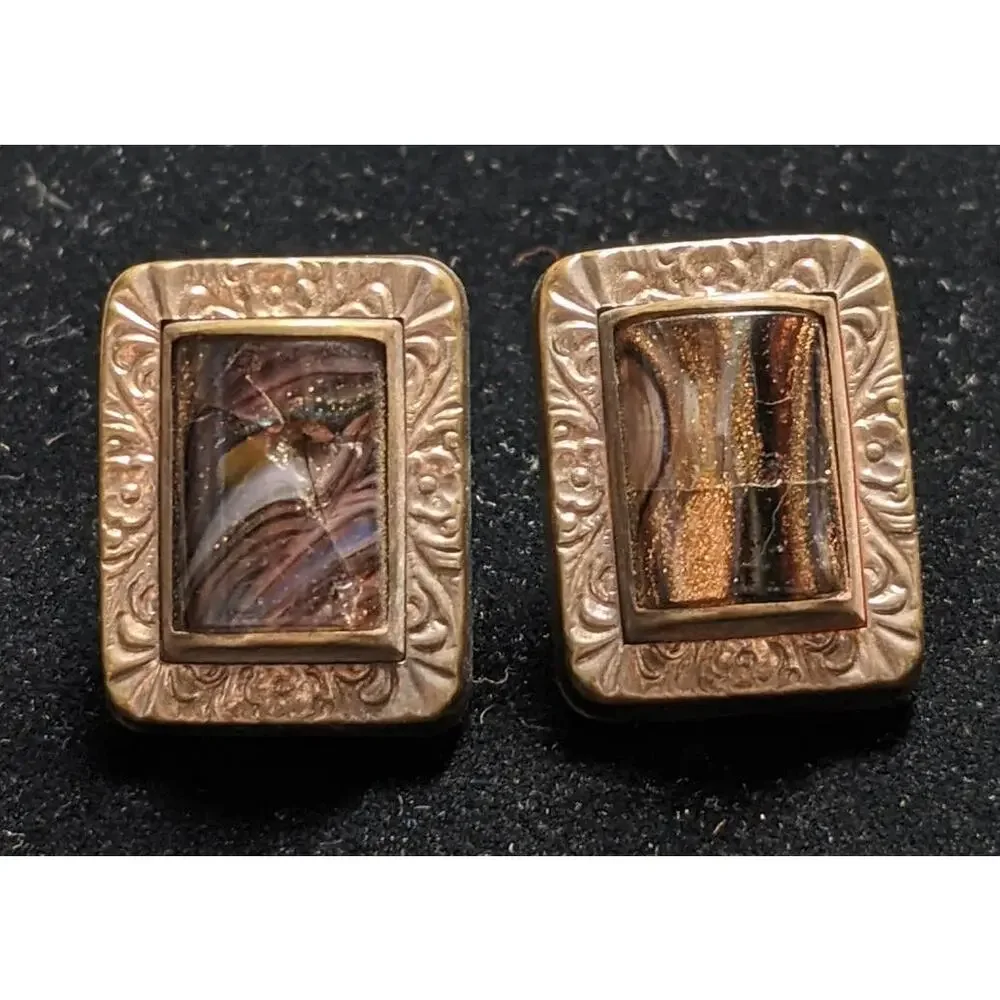 Vintage Chalcedony Cufflinks Purple Orange Golden Tone Floral Filigree Border
